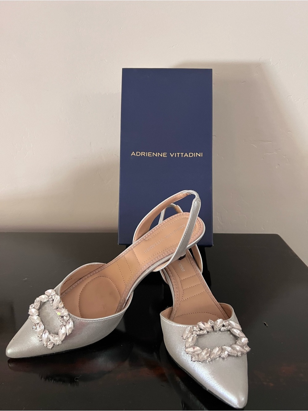 Adrienne Vittadini Suza Silver Pointed Slingback Pumps w/ Crystal Buckles